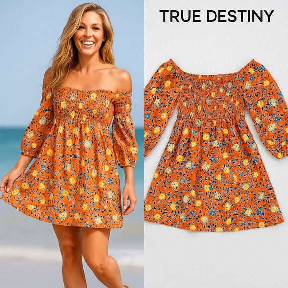 True Destiny, Smocked, Off-Shoulder Cotton Floral Dress Orange Boho,Size M - Picture 3 of 11